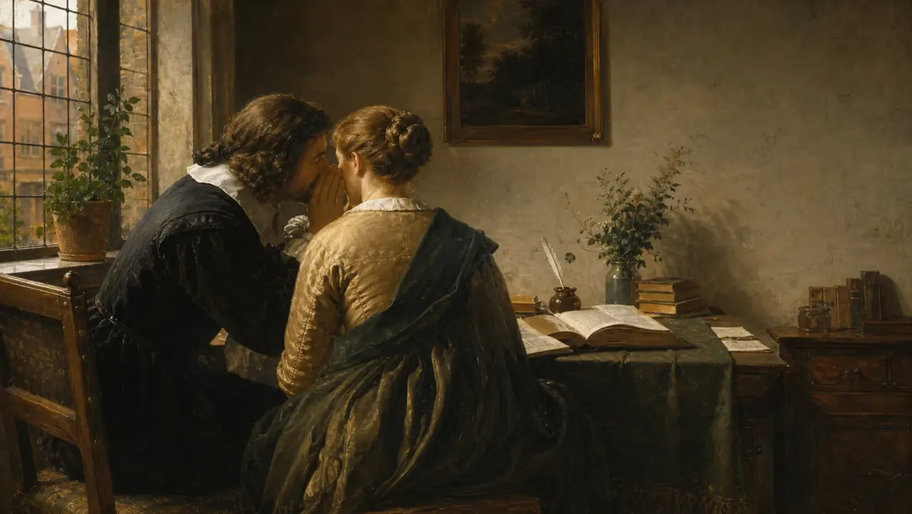 Original Dutch Golden Age-inspired painting of two people whispering beside books and a writing desk