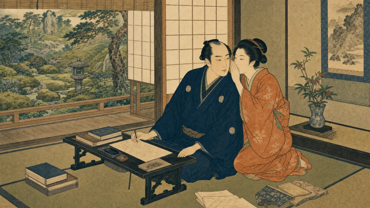 Original Edo-period-inspired painting of two people whispering beside a writing desk and a moss garden