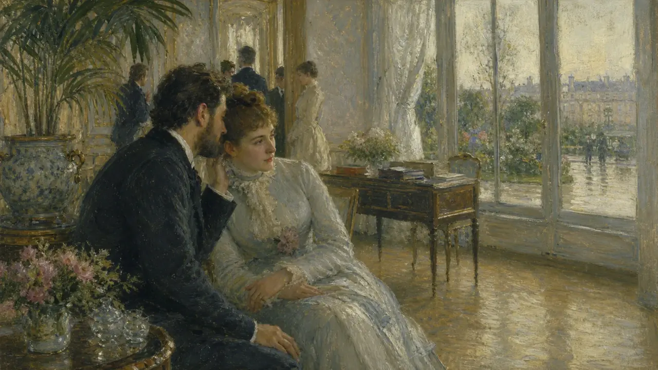 Original Impressionist-inspired salon painting of one person whispering an observation to another in a sunlit room
