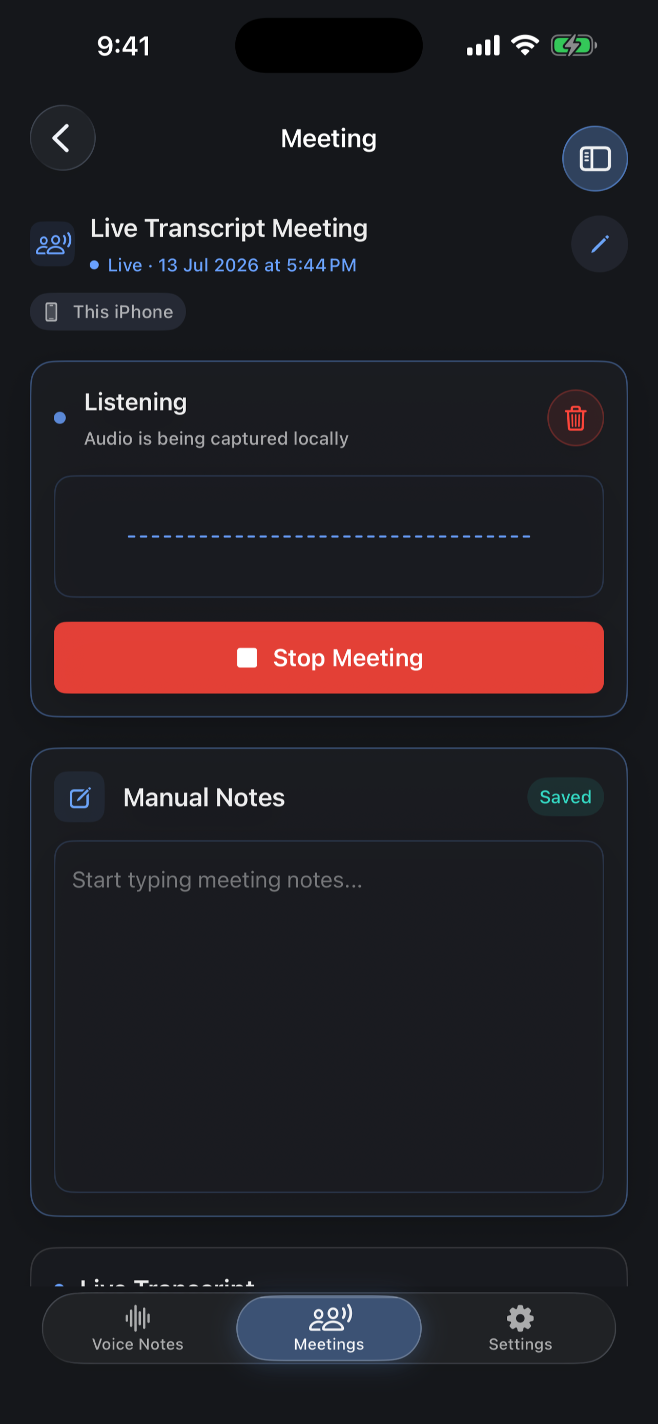 Muesli recording an in-person meeting on iPhone