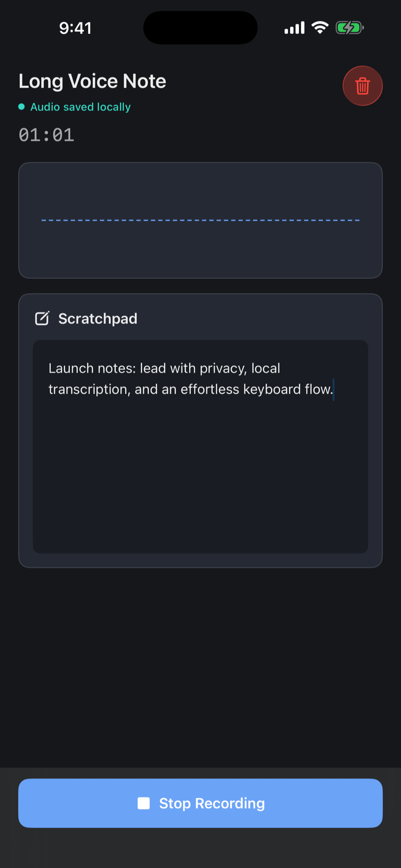 Muesli recording a private voice note on iPhone