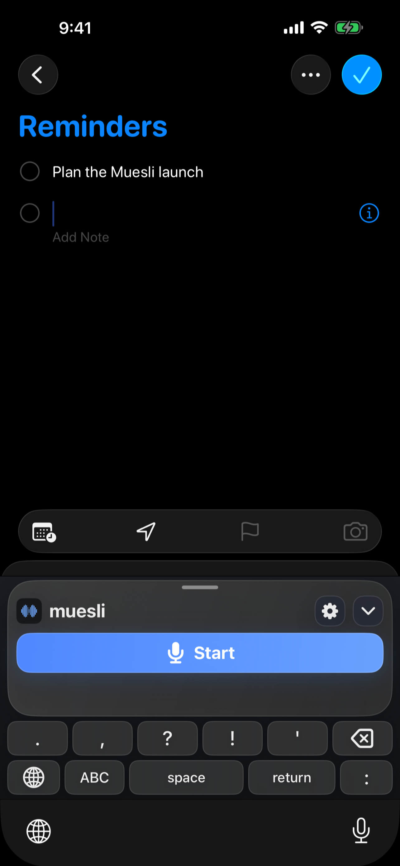 Muesli keyboard ready to dictate into another iPhone app