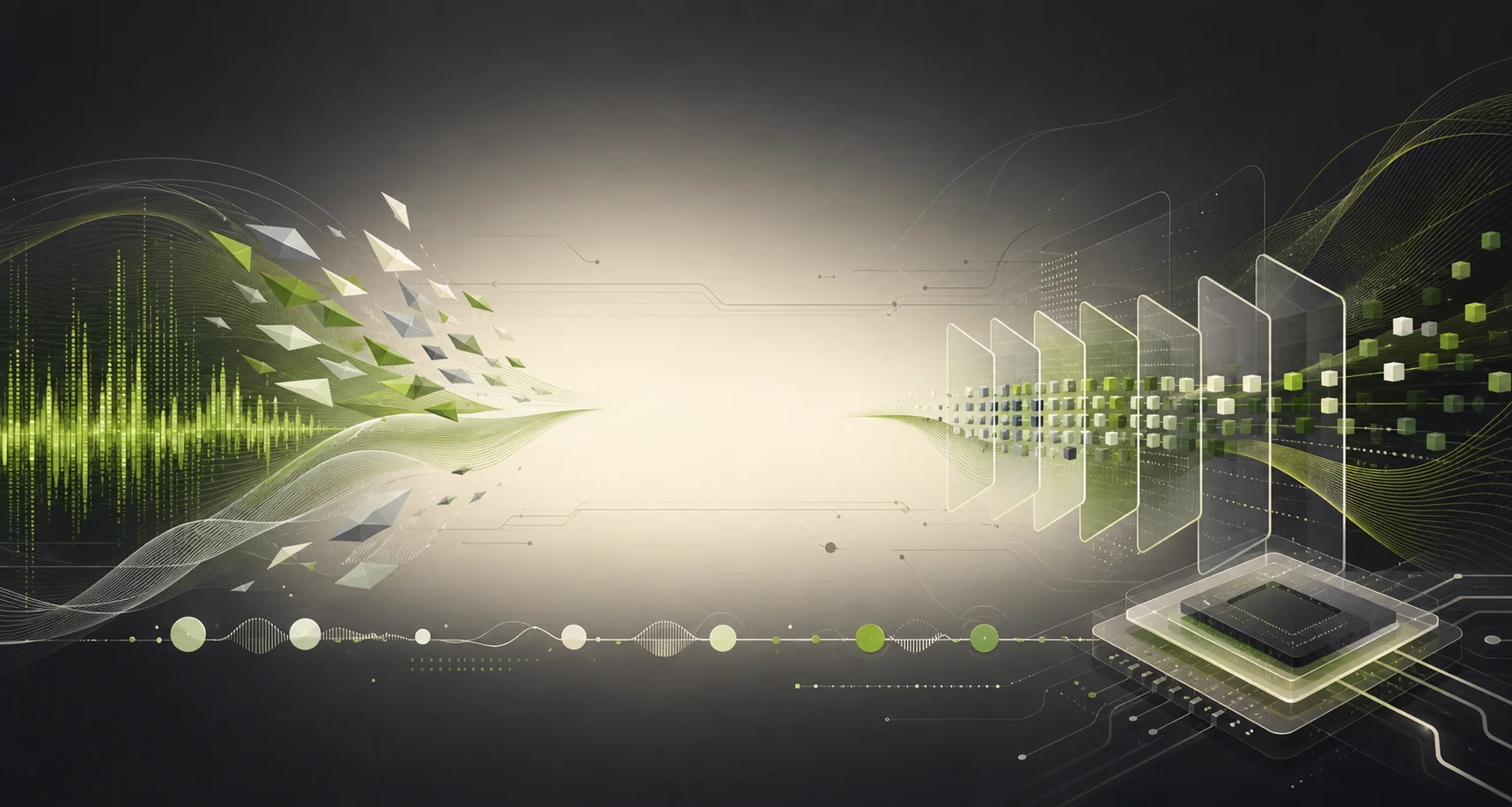 Abstract green and charcoal speech-to-text header with audio waves, fast local inference blocks, and token streams for NVIDIA Parakeet ASR