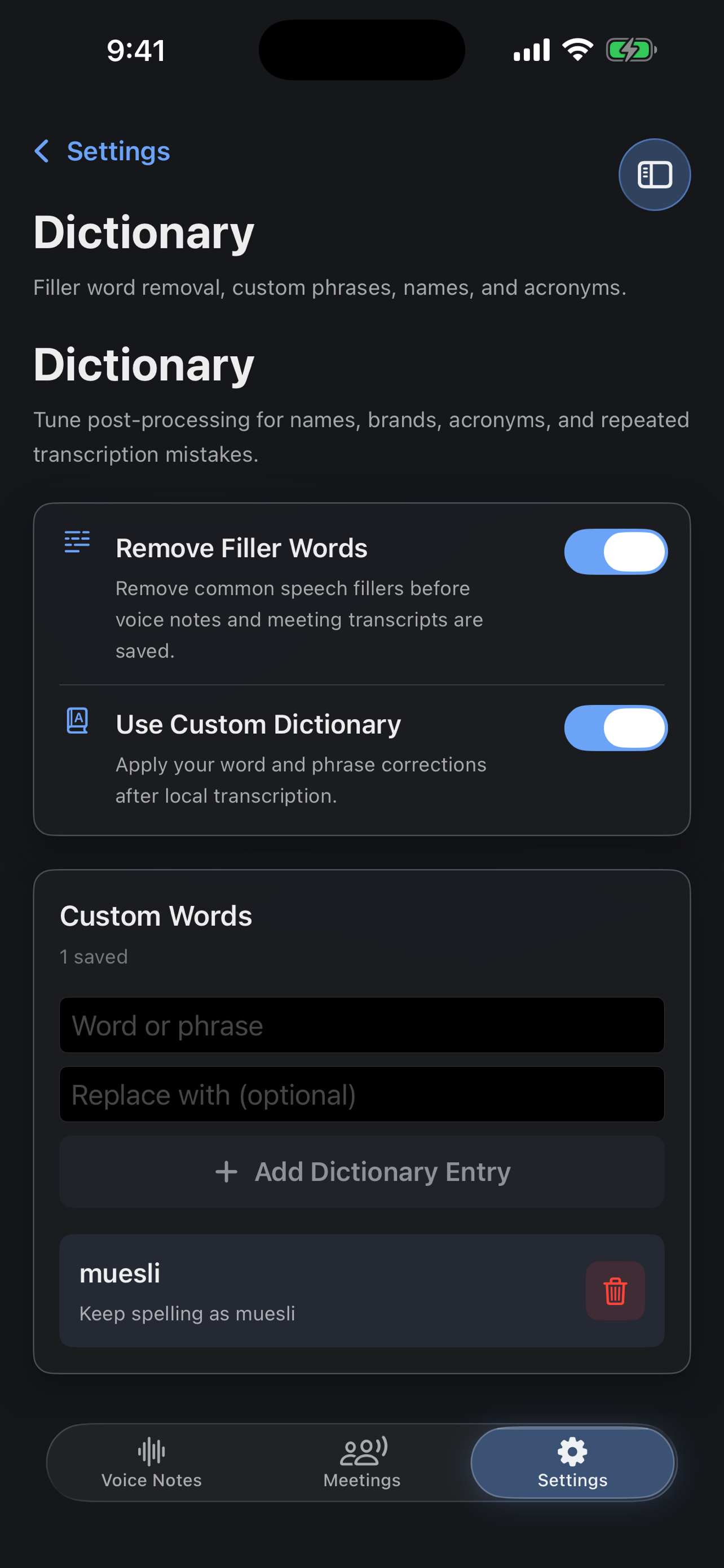 Personal dictionary in Muesli for iPhone
