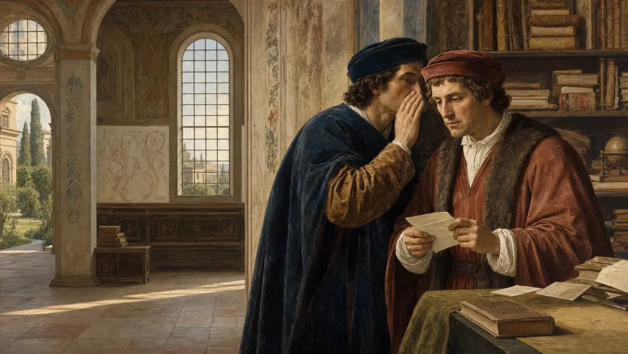 Original Renaissance-inspired painting of a scholar whispering a private message to another scholar beside a letter