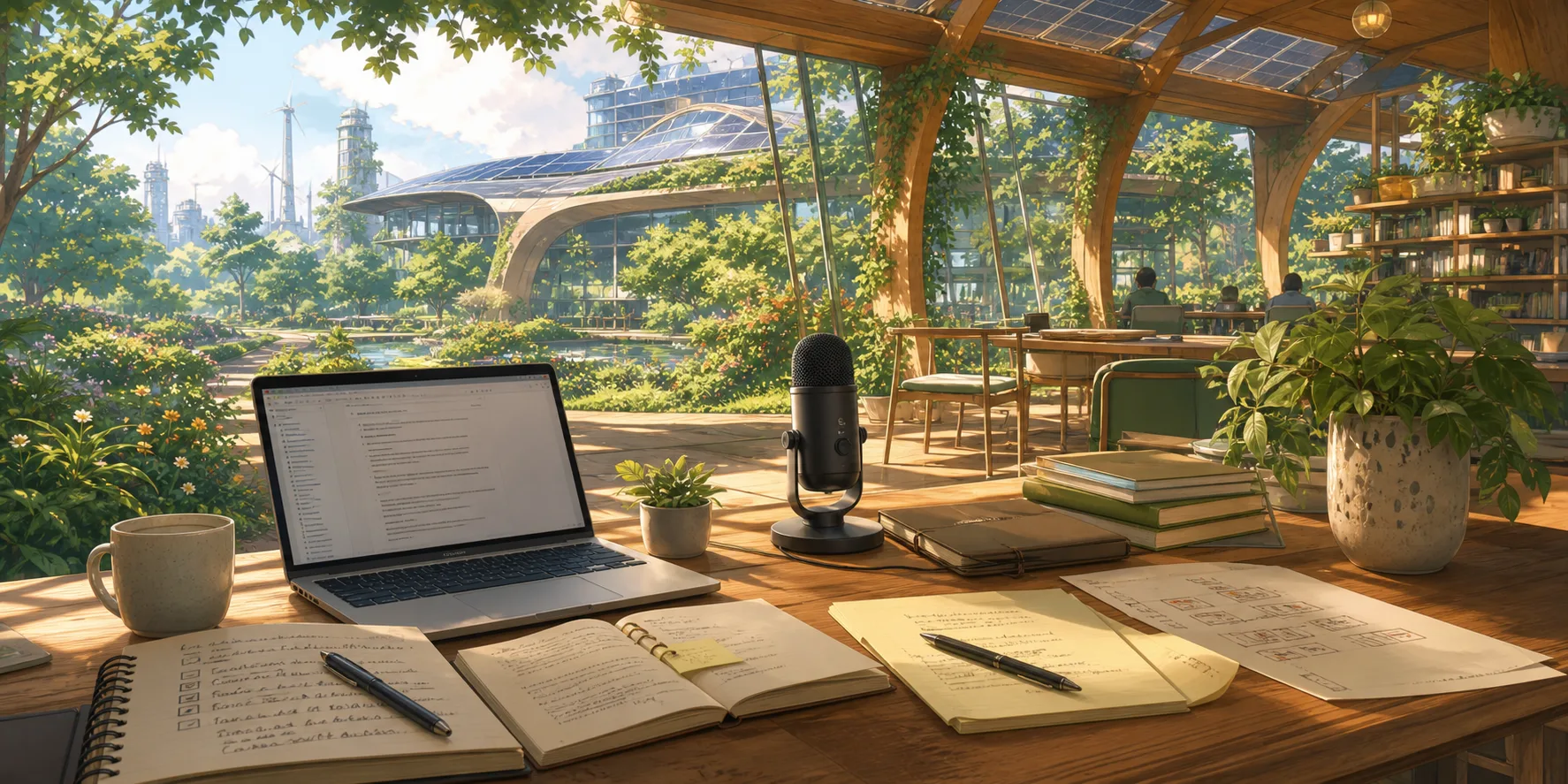 A solarpunk Mac writing workspace for comparing dictation apps with no visible human faces