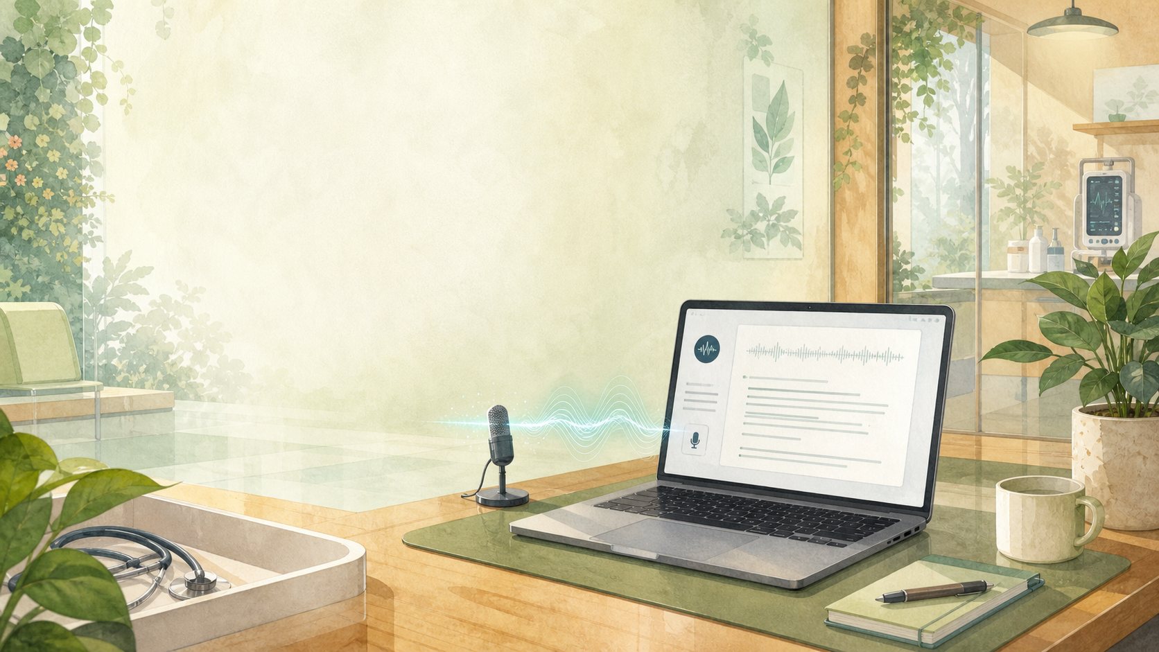 Solarpunk medical dictation workspace on a MacBook with local transcript notes, a microphone, private on-device processing, and no visible human faces