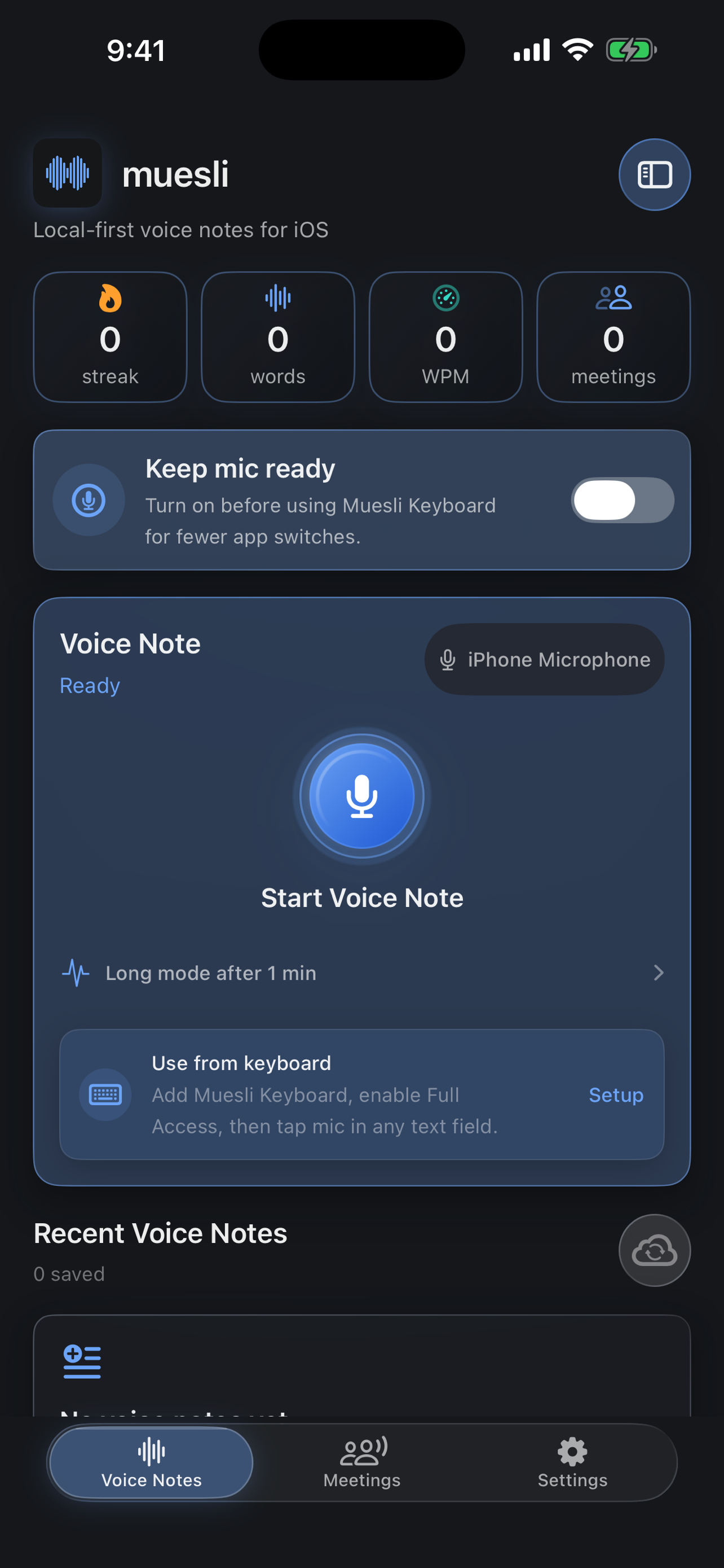 Voice note history in Muesli for iPhone