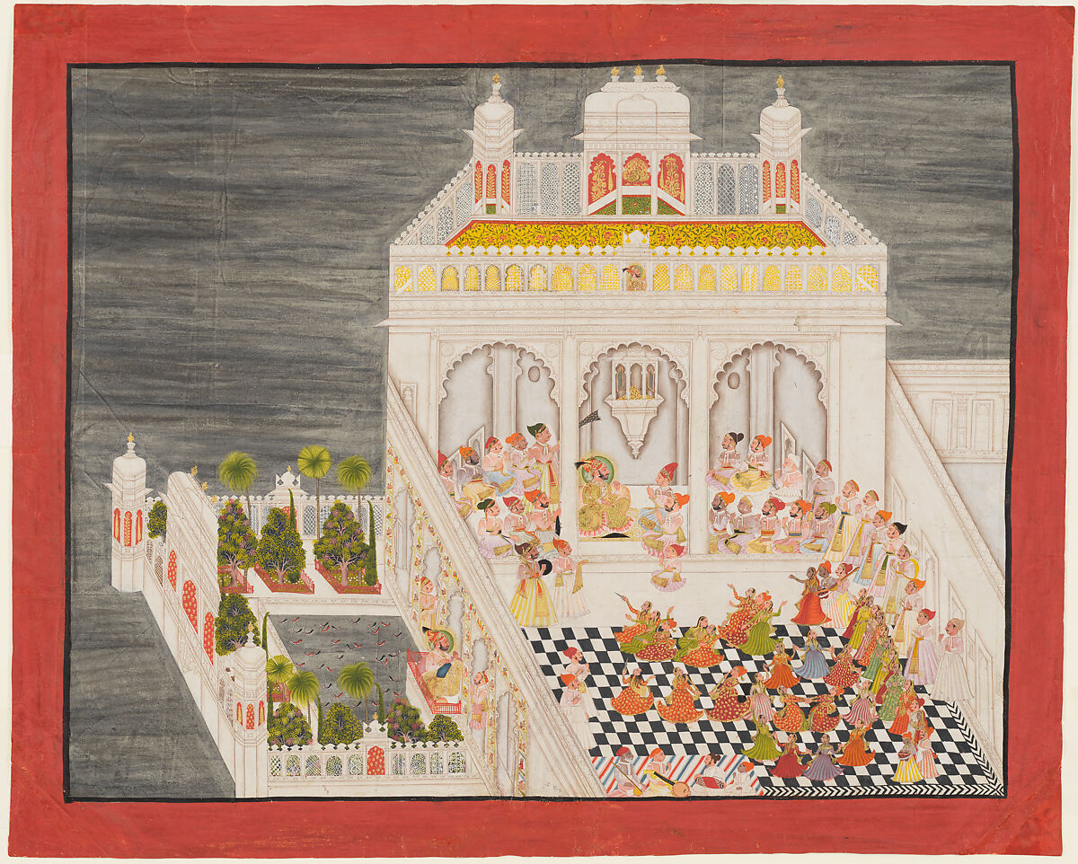 Maharana Ari Singh and his courtiers at the Jagniwas Water Palace in Udaipur, painted in 1767