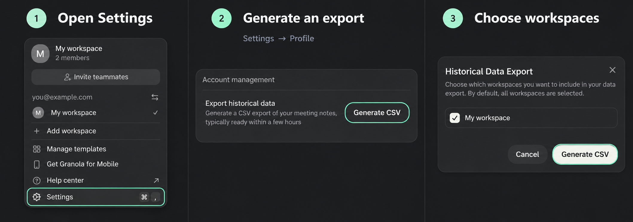 Granola export in three steps: open Settings, generate an export under Profile, then choose workspaces.